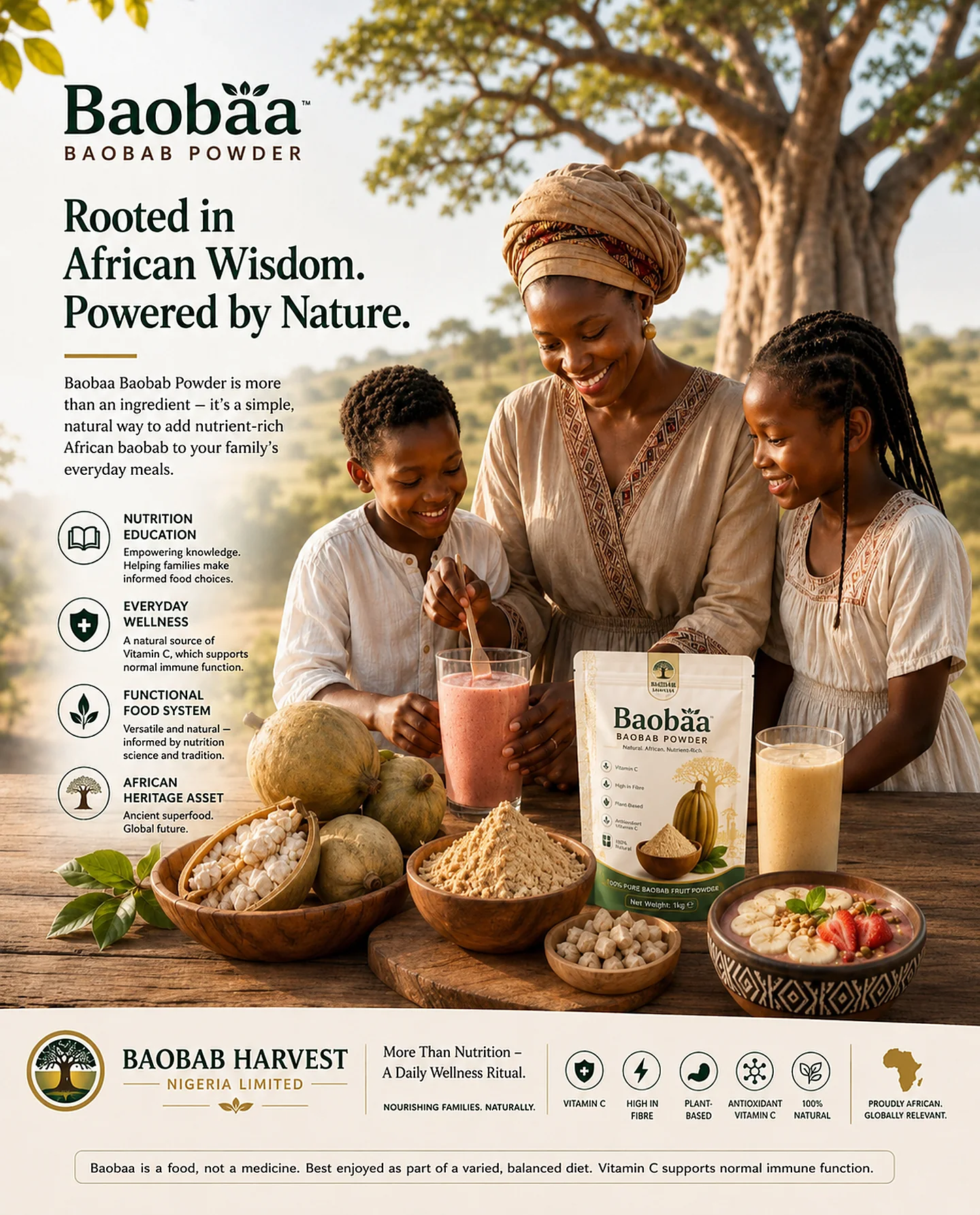 A family preparing baobab as part of an everyday meal — indigenous nutrition for the whole household.