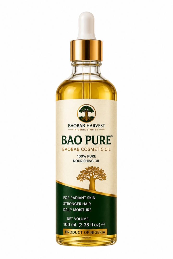 BAO PURE baobab cosmetic oil in a 100ml luxury dropper bottle for skin and hair.