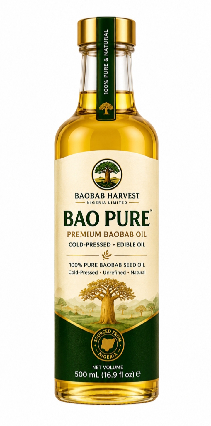 BAO PURE cold-pressed baobab edible oil in a 500ml gold-cap glass bottle.