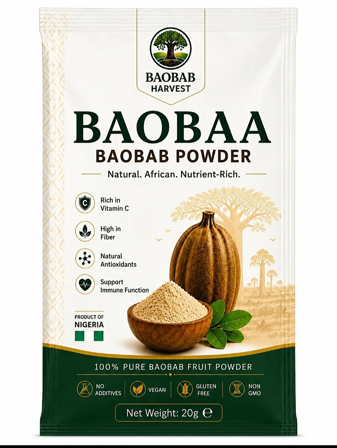 BAOBAA Baobab Powder 20g sachet by Baobab Harvest — Natural, African, Nutrient-Rich. A source of Vitamin C and fibre.