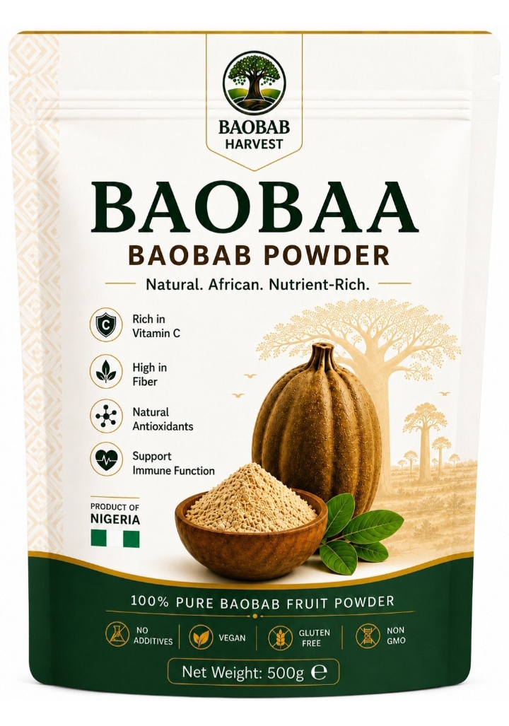 BAOBAA Premium Baobab Powder by Baobab Harvest in a 500g pouch — a source of Vitamin C and fibre.